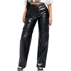 Bailey/44 Vegan Leather Cargo Pants Straight Leg Button Ankle Black 2